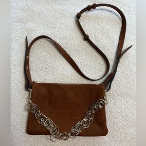 INC Faux Suede Gold Chain Crossbody Purse in Sienna Brown
